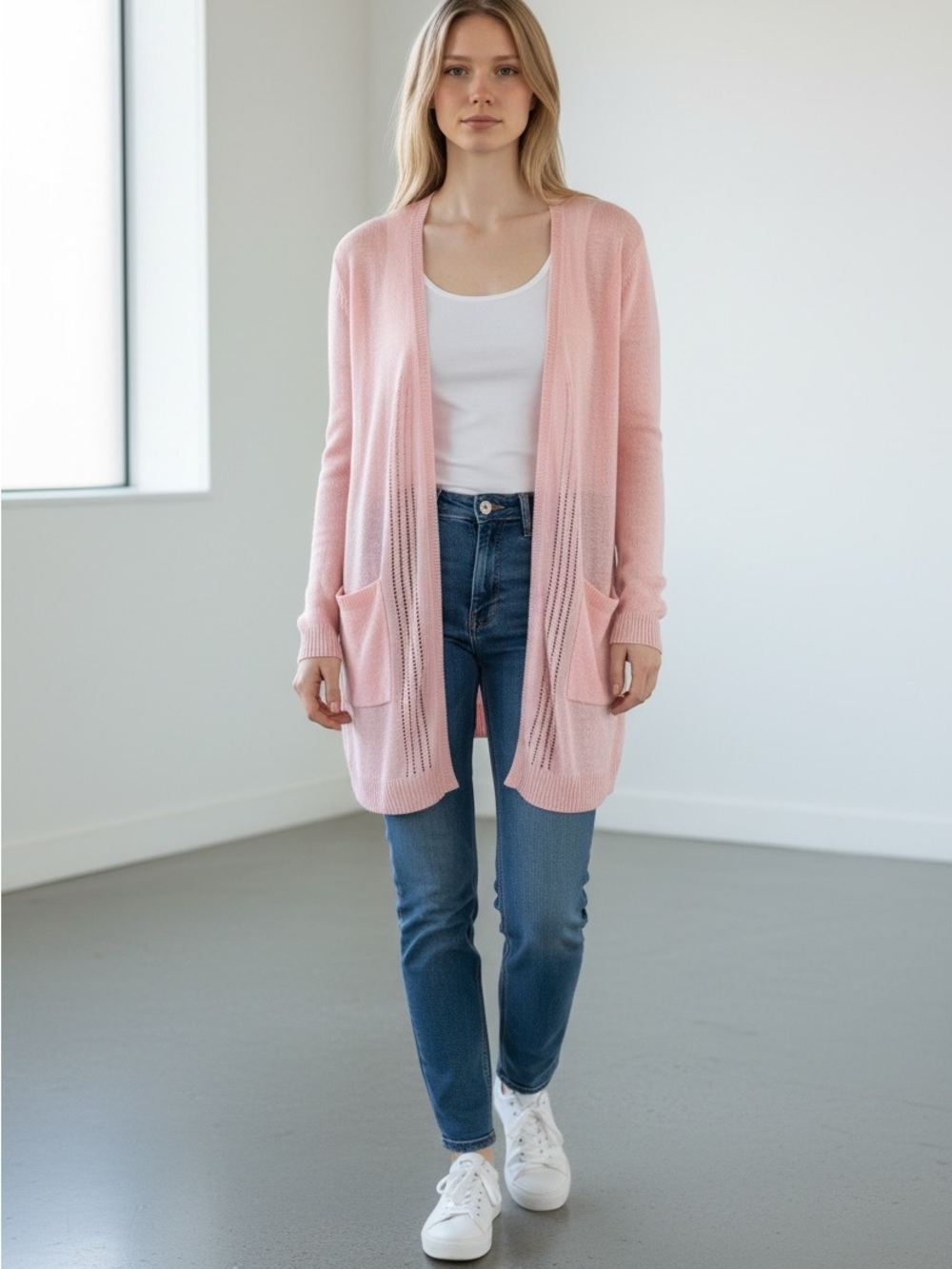Eileen Fisher 100% Linen Open- Front Cardigan Sweater - Pink